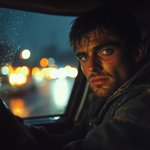 A man in car at night with headlights, moody