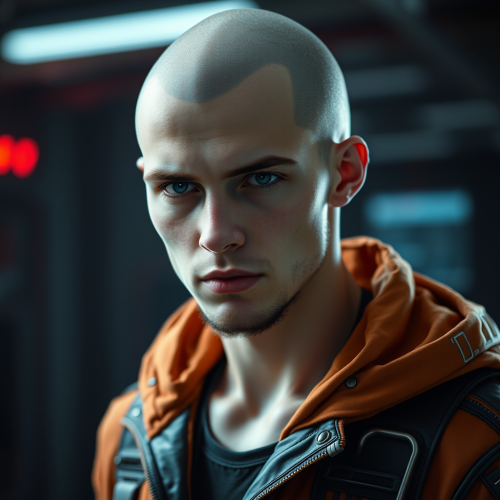 A man in futuristic clothes with facial hair.