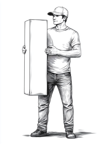 A man in hat holding shipping box.