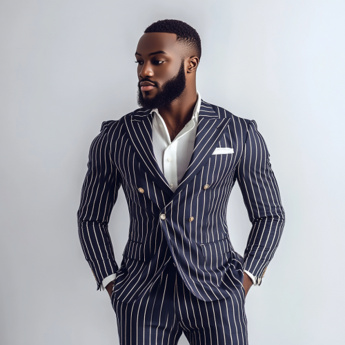 A man in navy suit with white stripes
