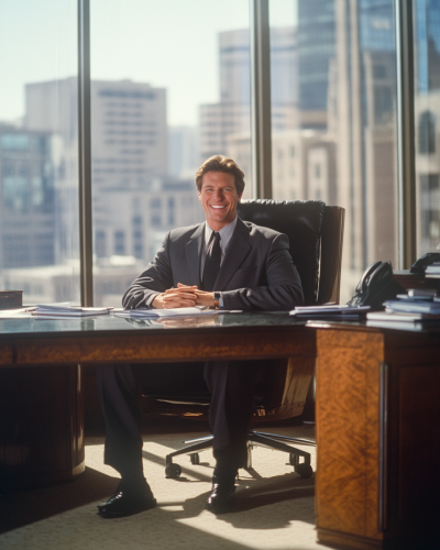 A man in suit smiles behind office desk