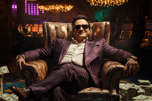 A man in suit smiling in casino.