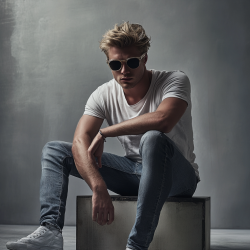 A man in sunglasses and jeans poses