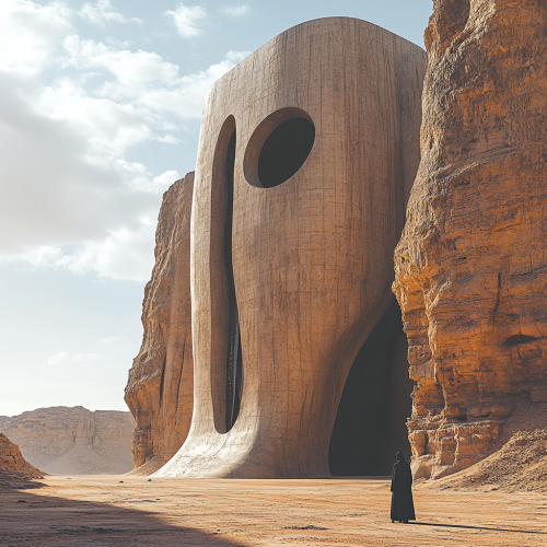 A man looks at big building in desert.