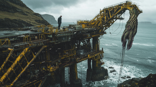 A man on oil rig during storm, attacked