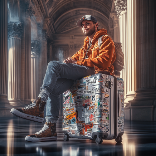 A man sits on suitcase covered in travel stickers