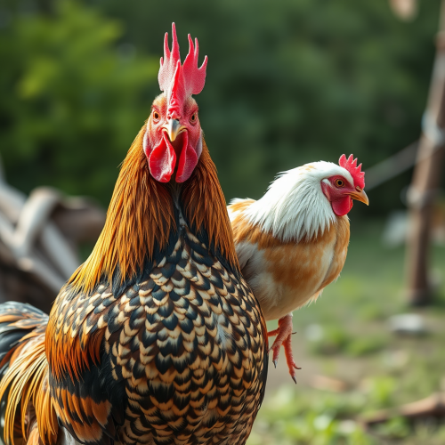A man with a chicken beside him.