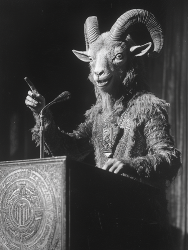 A man with a goat and demonic horns speaking.