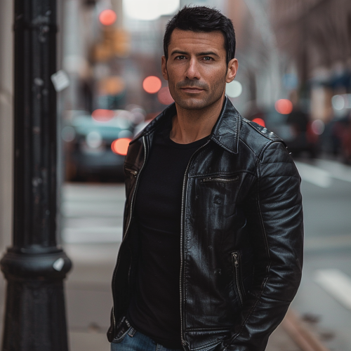 A man with black hair wearing leather jacket