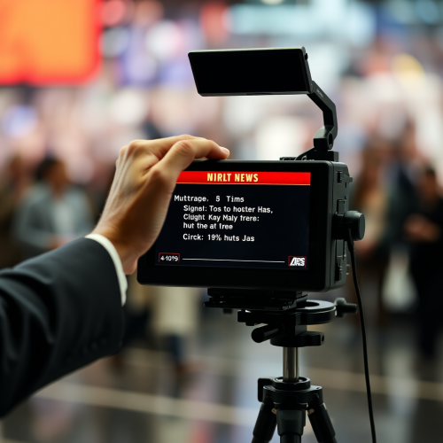 A man with large hands holds news teleprompter.