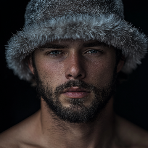 A man with stubble wearing fur hat