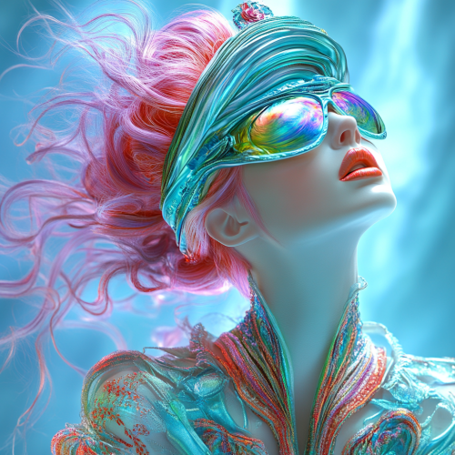 A mannequin in colorful outfit with pink hair.