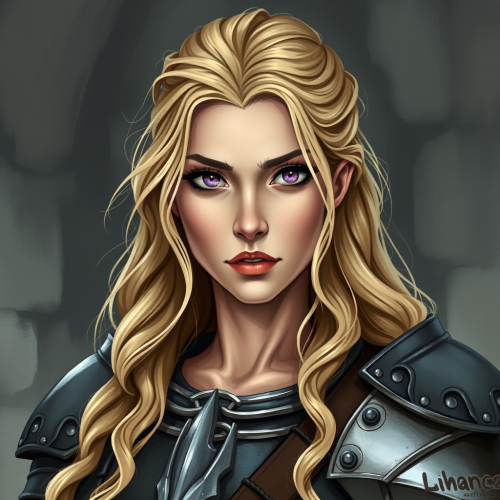 A medieval androgynous female warrior with purple eyes.