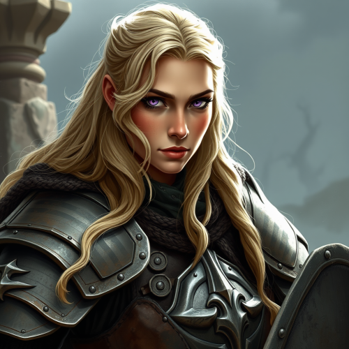 A medieval female warrior with long blonde hair.