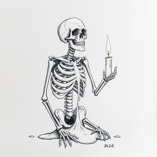 A melting skeleton in a candle sketch.