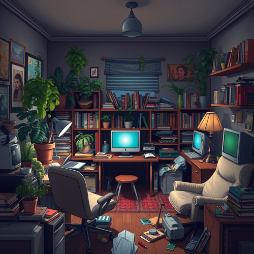 A messy teenager's room with many objects.