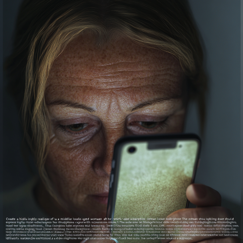 A middle-aged woman looking at smartphone thoughtfully.