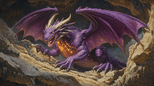 A mighty purple dragon in a cave roaring