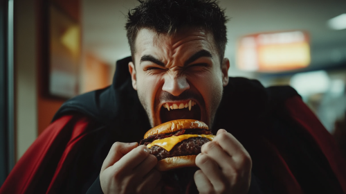 A millennial wearing a vampire cape eats burger