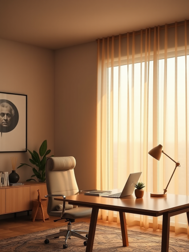A minimalistic Japandi home office during golden hours.