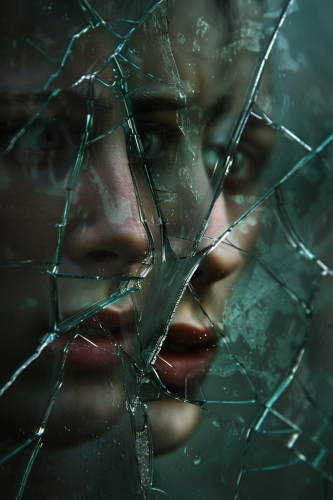 A mirror with fragmented reflections: pain vs peace, determination.