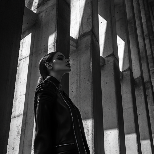 A model wearing big black jacket in maze