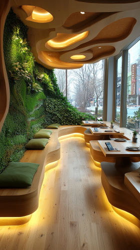 A modern, eco-themed restaurant with nature-inspired design