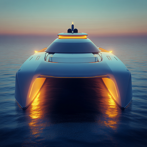 A modern catamaran on calm water