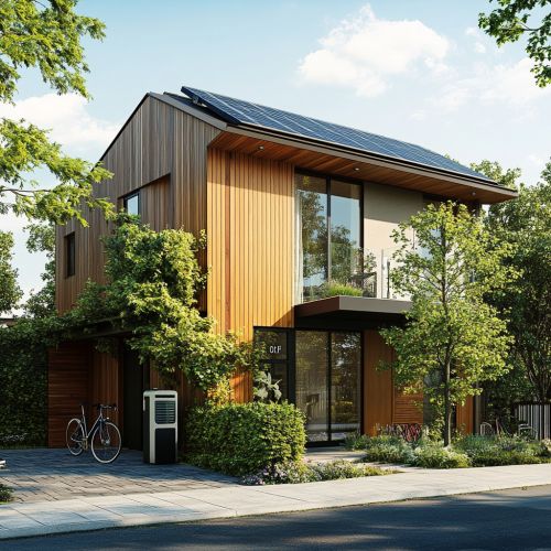 A modern house with bike, solar panels, and tree-lined street.