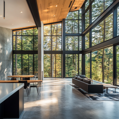 A modern house with large windows and open spaces