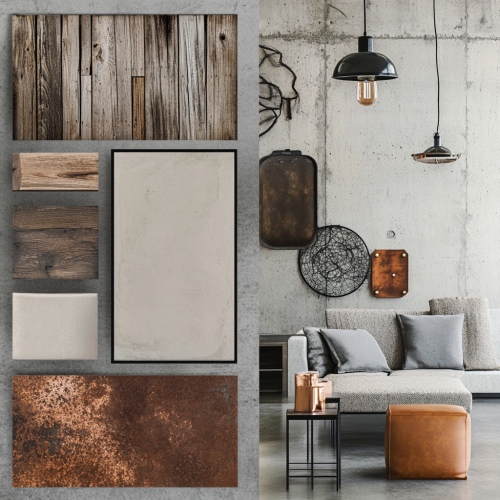 A modern industrial style moodboard with various elements