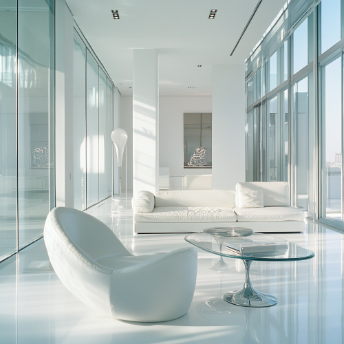A modern living room with white and metal