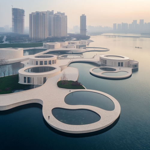 A modern ministerial complex with buildings of varying heights