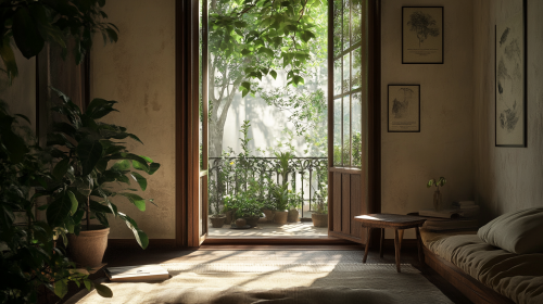 A modern room with garden balcony door opening