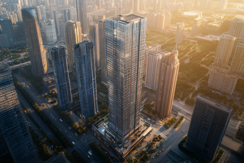 A modern skyscraper in bustling city setting