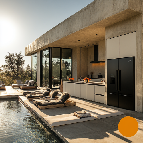 A modern white kitchen with black appliances