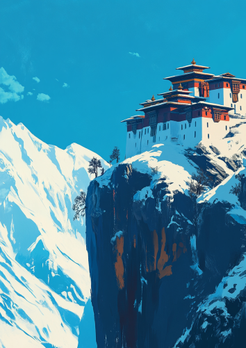 A monastery on cliff with snowy mountains backdrop