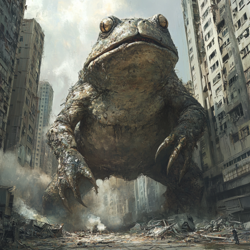 A monstrous frog destroying city with roaring mouth