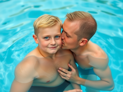 A muscular dad swims with son, sweet bond.