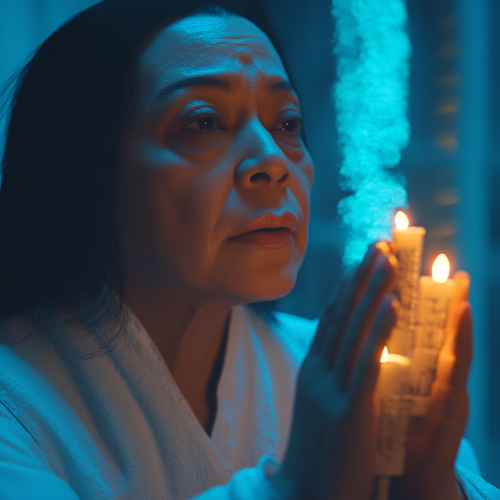 A mysterious Asian prophet wearing hood and amulets