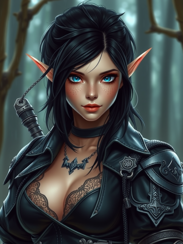 A mysterious female elf rogue in black armor