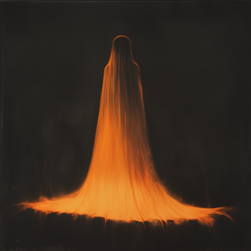 A mysterious figure in glowing orange gown peacefully watches A mysterious figure in glowing orange gown peacefully watches