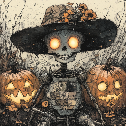 A mysterious mechanical doll under eerie moonlight