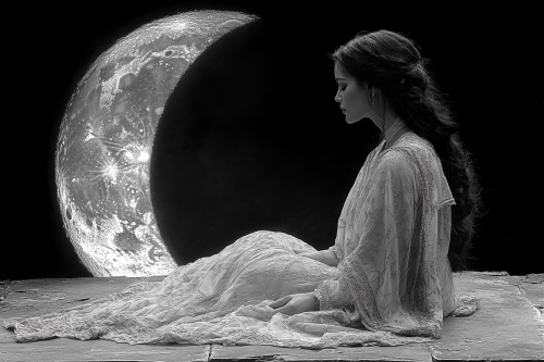 A mysterious woman in heavenly eclipse overlooking landscape