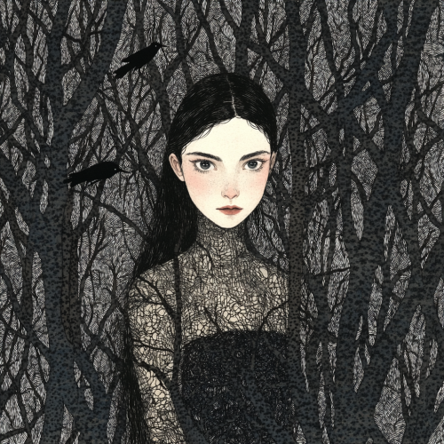 A mysterious young woman in a surreal forest.
