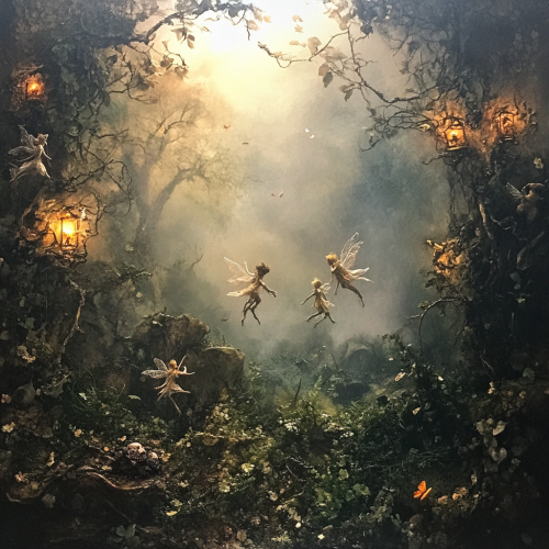 A mystical garden with dancing faeries and creatures.
