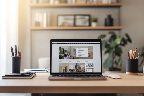A neat desk with laptop showing property pictures