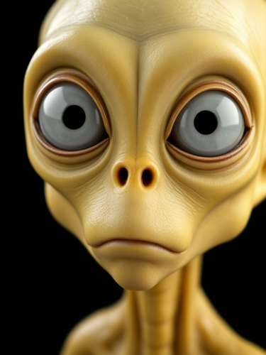 A neutral-faced alien with big white eyes.