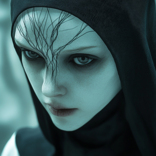 A nun wearing pale white skin and black mask.