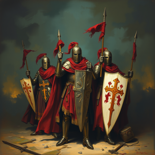 A painted picture of the Knights Templar at night.